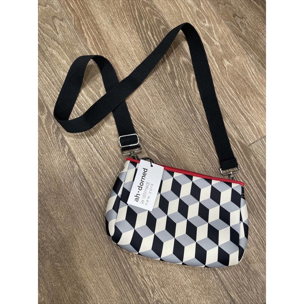 AHDORNED Neoprene crossbody Bag Geometric Red Black removable strap Purse NEW